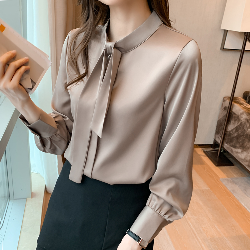 Womens Blouses Shirts Summer Shirt Women Blouse Long Sleeve Top Satin Casual Fashion Ribbon Bow Lady Clothing Movafag 230509