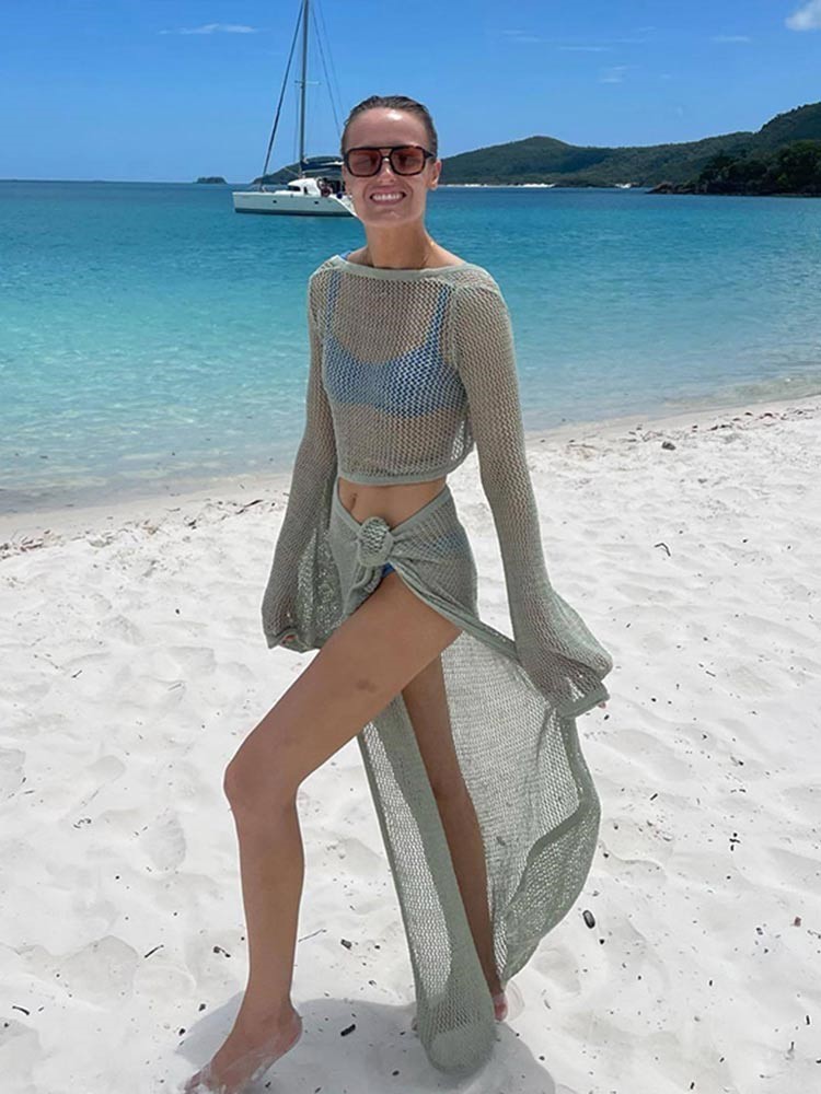 Two Piece Dress Knitted Long Sleeve Top Skirt 2 Set Backless Lace Up Crop Tops High Split Suit Summer Lady Bikini Cover Vestidos 230508