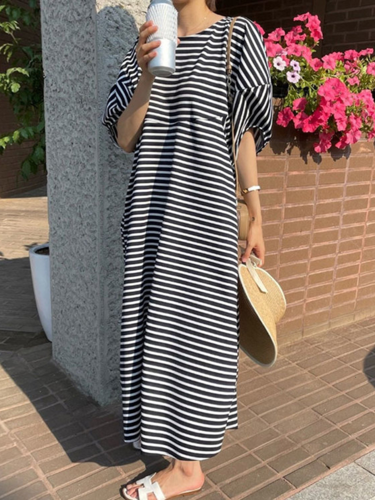 Casual Dresses Korejpaa Summer Elegant Dress Women Round Neck Striped Print Casual Dresses Female Short Puff Sleeve Korean Clothing 230509