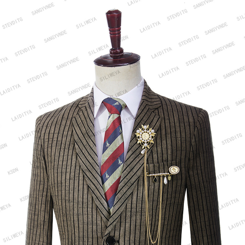 Men's Suits Blazers Men Suit Tuxedo Summer Slim Fit Groom Light Brown Linen Black Stripe Wedding Custom Terno Masuclino 2 Pcs SetJacketPants 2305