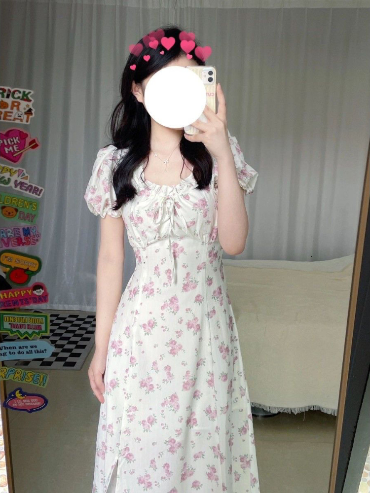 Casual Dresses Short Sleeve Dresses Women Floral Mid-calf Drawstring Lovely Temperament Females Vintage Sweet High Waist Korean 230509