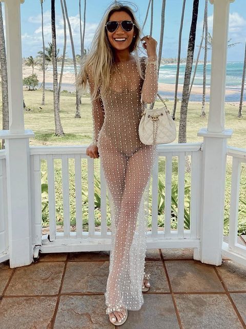 Party Dresses Zenaide See Through Mesh Dress Diamonds Pearl Long Sleeve Summer Sexy Bodycon Maxi Women Y2K Club Beach Cloth 230508