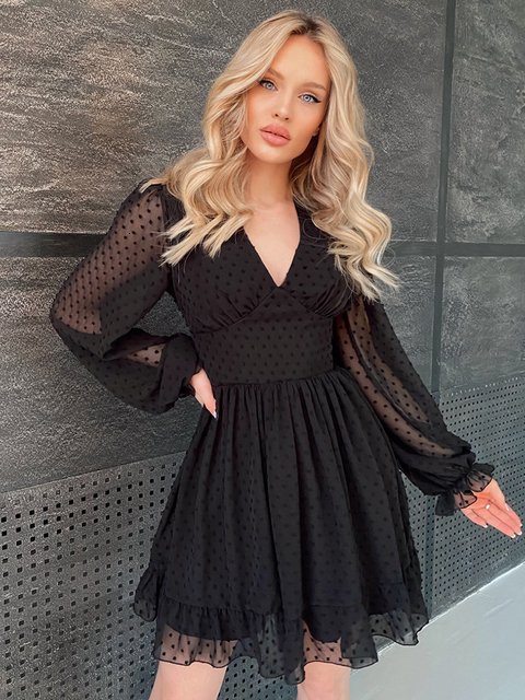 Casual Dresses Capucines Swiss Dot Ruffles Deep V Neck Summer Dress Women Solid Color Lantern Sleeve French Robe A Line Mini Chiffon Dresses 230509
