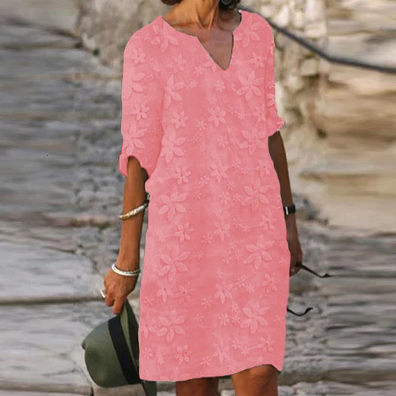 Casual Dresses Casual Solid Pullover Dresses Spring Cotton Linen Loose Medium Length Dress Retro Button Stand Collar Half Sleeve Dress 230509