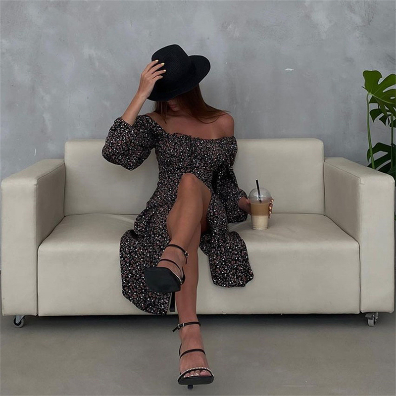 Casual Dresses European Style Slash Neck Floral Bandage Women Dress Ankle-Length Split High Waist Sexy Full Sleeve Lantern Vintage Long Skirt 230509