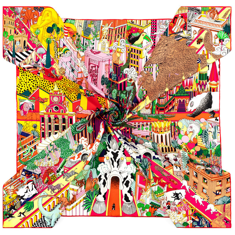 Sarongs POBING Manual Hand Rolled Twill Silk Scarf Women Animals Kingdom Square Scarves Echarpes Foulards Femme Wrap Bandana Hijab 90CM 230508