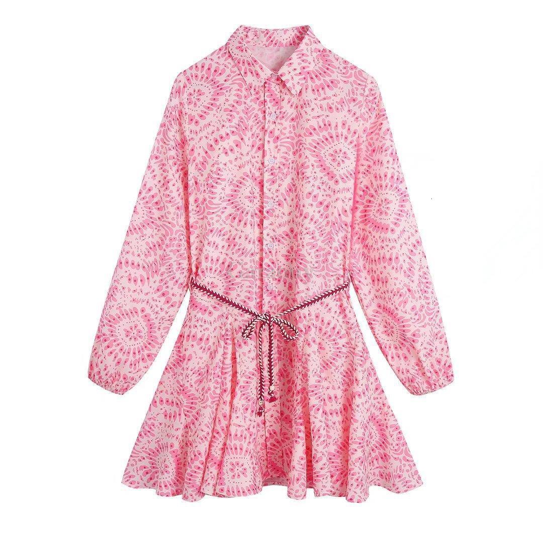 Casual Dresses Garaouy Summer Women Long Sleeve Belt Shirt Dress Floral Print Bohemian Ruffles Lapel Female Mini Sundress Mujer 230509