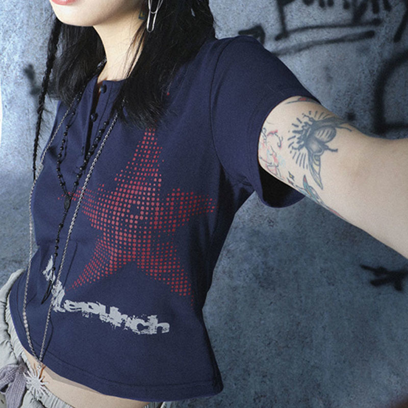 Women's Tanks Camis Xingqing Harajuku Crop Top Japanese Style Star Pattern Round Neck Short Sleeve T Shirts Graphic Tee y2k Women Clothes Streetw