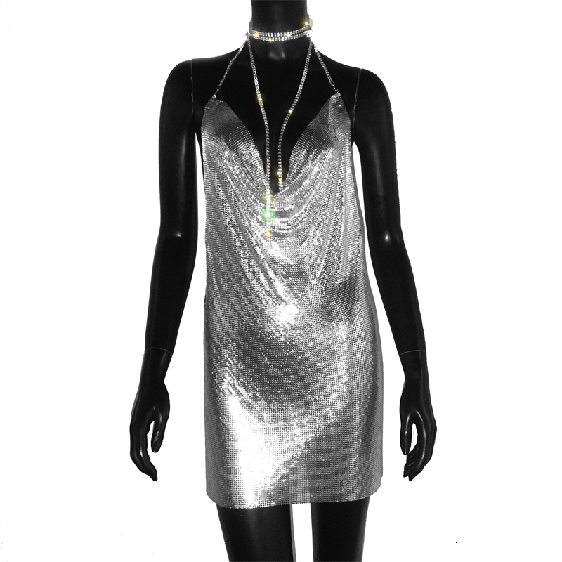 Party Dresses Y2K Sexy Gold Sequined Patchwork Mini Dress Women Sleeveless Low Cut Metal Chains Halter Slim Charming Nightclub 230508