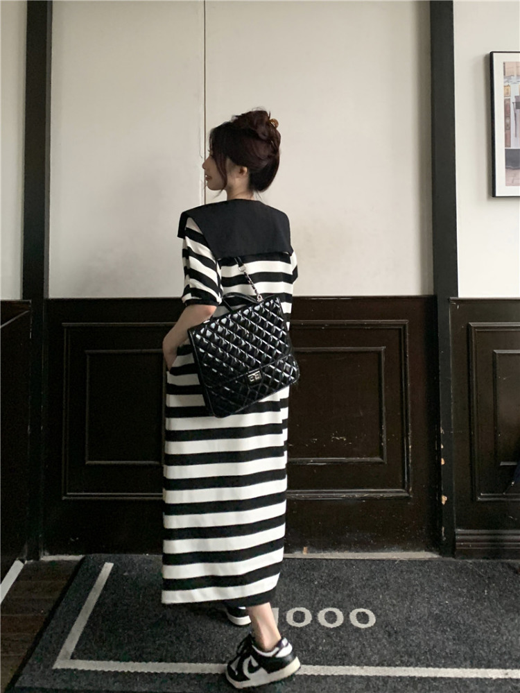 Casual Dresses Korejpaa Casual Striped Sailor Collar Dresses Summer Korean Fashion Loose Waist Women Clothing Short Sleeve Vestidos Femme 230509