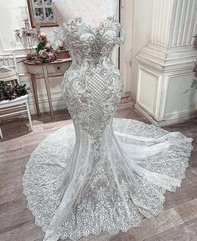 Plus Size Arabic Aso Ebi mermaid Wedding Dresses with detachable train Luxurious Crystals Lace applique Beaded Bridal Dresses