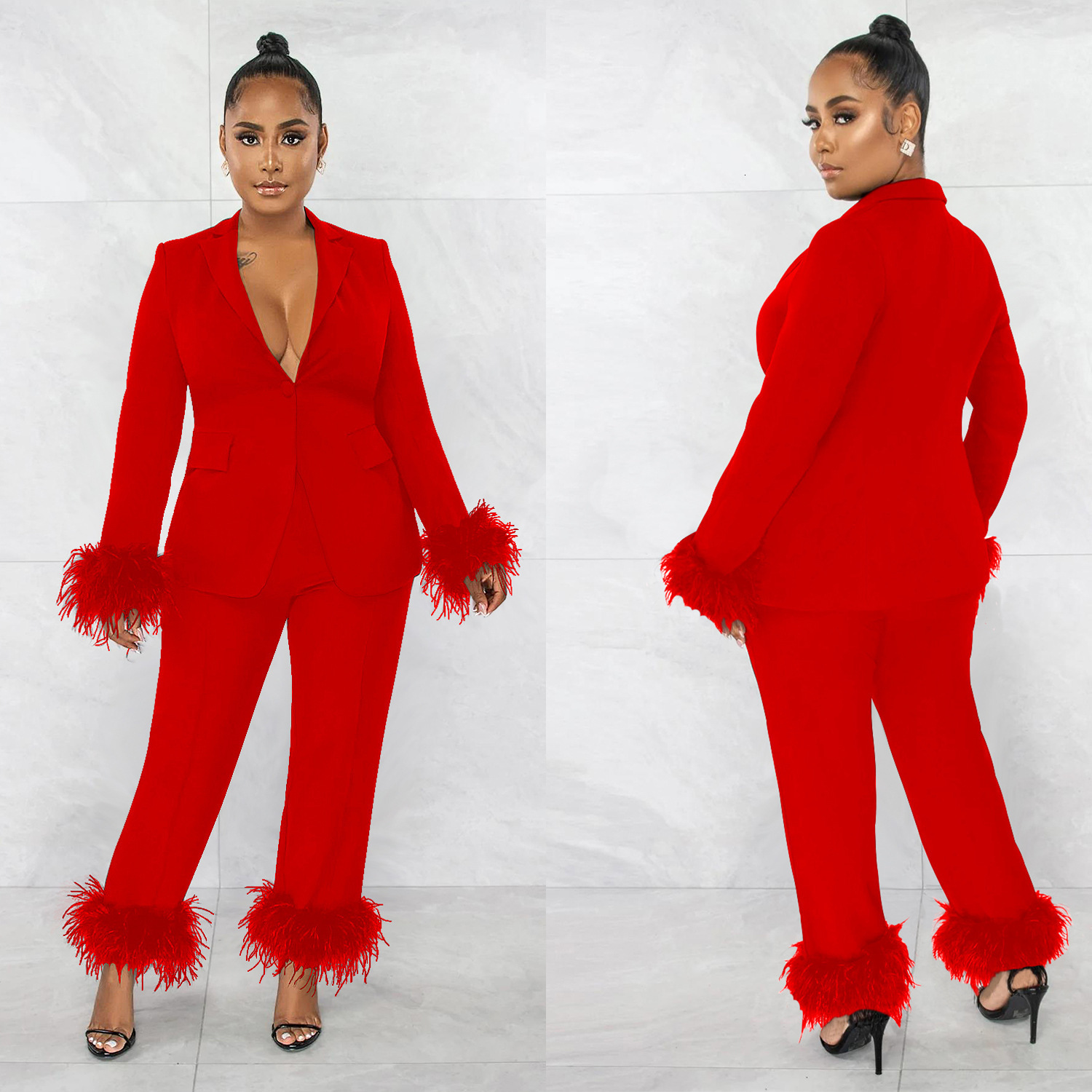 Women's Two Piece Pants Fashion Feather Blazer Set Women Solid Color Long Sleeve Coat Straight Suits Female Office Commute Suit 230314