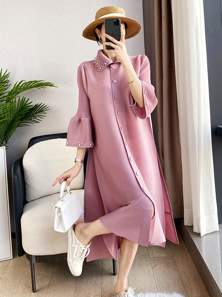 Casual Dresses LANMREM Flare Sleeves Pleated Dress Women Single Breasted Turn Down Collar Female Fashion Dress Spring Summer 2R1293 230509