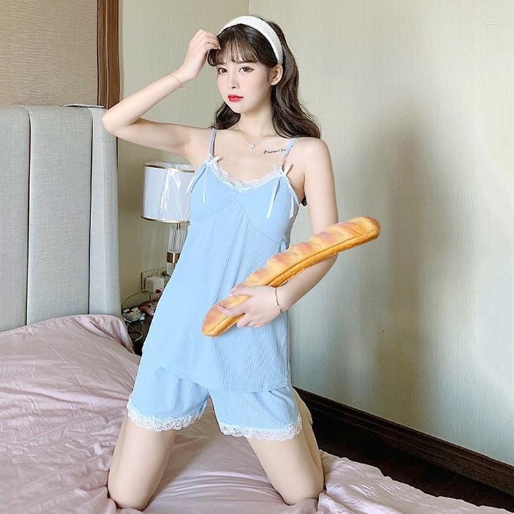 Women's Sleepwear Blue Sexy Strap Top&Shorts 2PCS Pajamas Suit Women Summer Cotton Lovely Lace Bow Trim Nightwear With Bra Home Wear
Women's Sleepwear Blue Sexy Strap Top&Shorts 2PCS Pajamas Suit Women Summer Cotton Lovely Lace Bow Trim Nightwear With Bra Home Wear