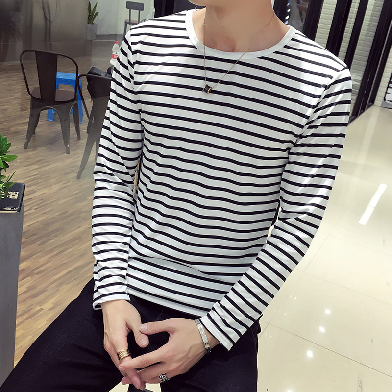 Men's T-Shirts Striped T-shirt Men Long Sleeve Shirt Trendy Black White Striped Tops for Men Harajuku Casual Base Shirt Invisible Undershirt 2305