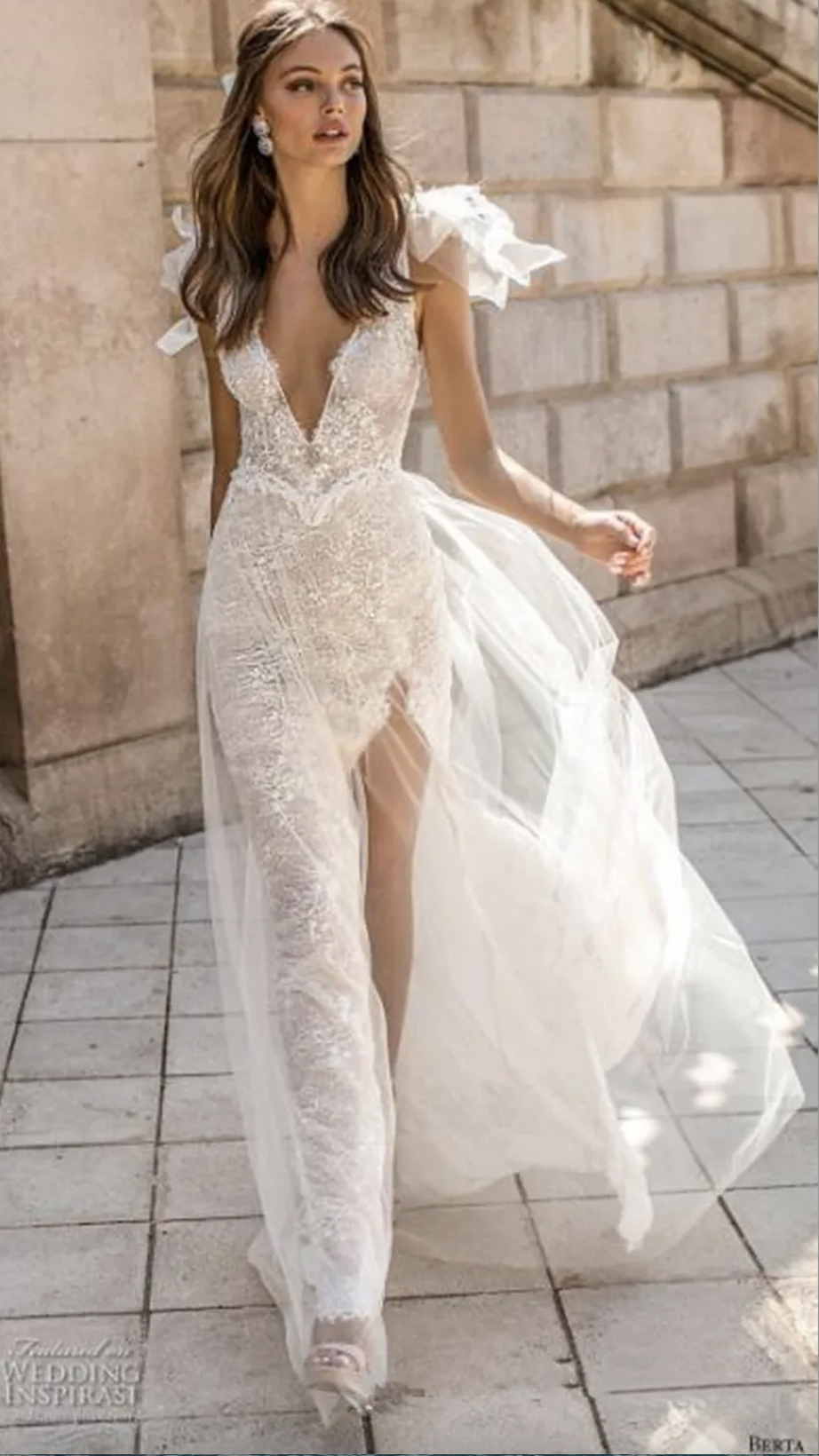 Muse by Berta Mermaid Dresses V Neck Backless Lace Bridal Gowns High Slit See Through Beach Trumpet Wedding Dress Custom 0509