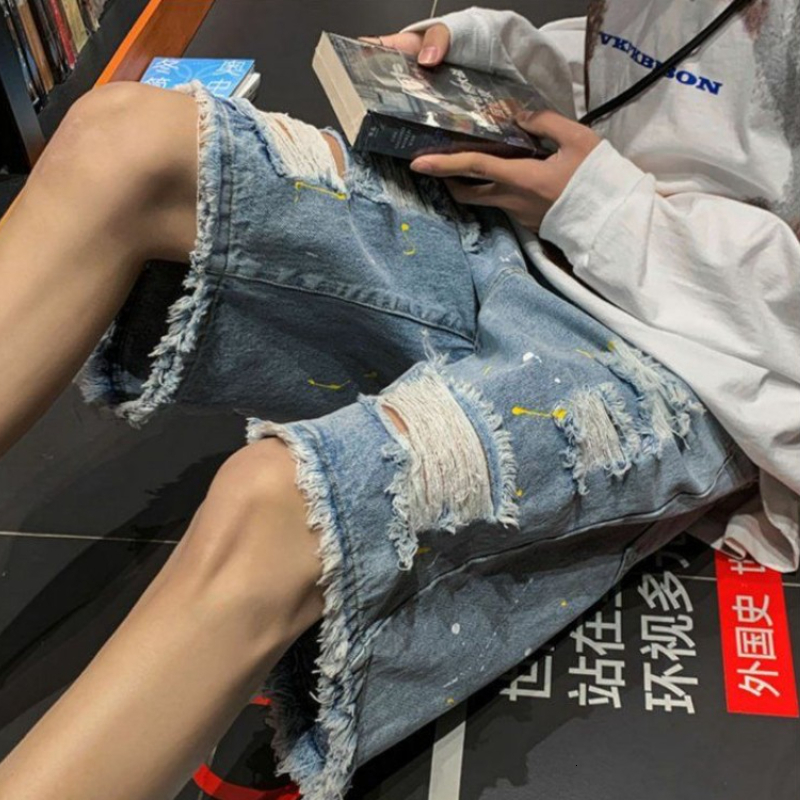 Men's Shorts Y2K Mens Streetwear Breeches Holes Ripped Korean Harajuku Denim Hip Hop Cargo Short Pants Grunge Bermudas Jeans Shorts Clothes 23050