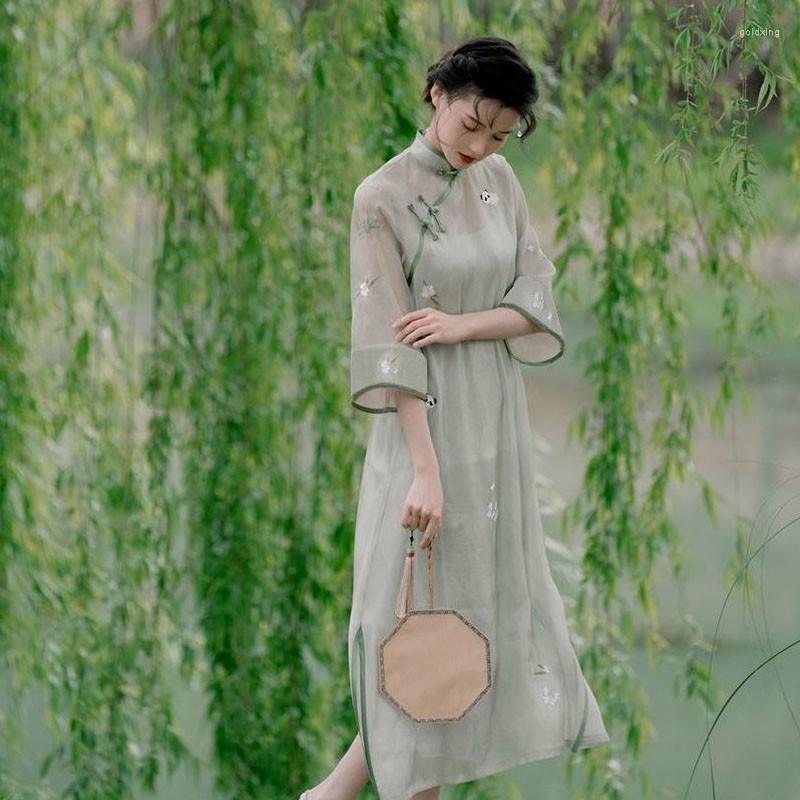 Ethnic Clothing Women Cheongsam Civil War Style Modified Version Inverted Large Sleeves Mid-length Temperament Elegant Dresses Two-piece Set 
Ethnic Clothing Women Cheongsam Civil War Style Modified Version Inverted Large Sleeves Mid-length Temperament Elegant Dresses Two-piece Set
