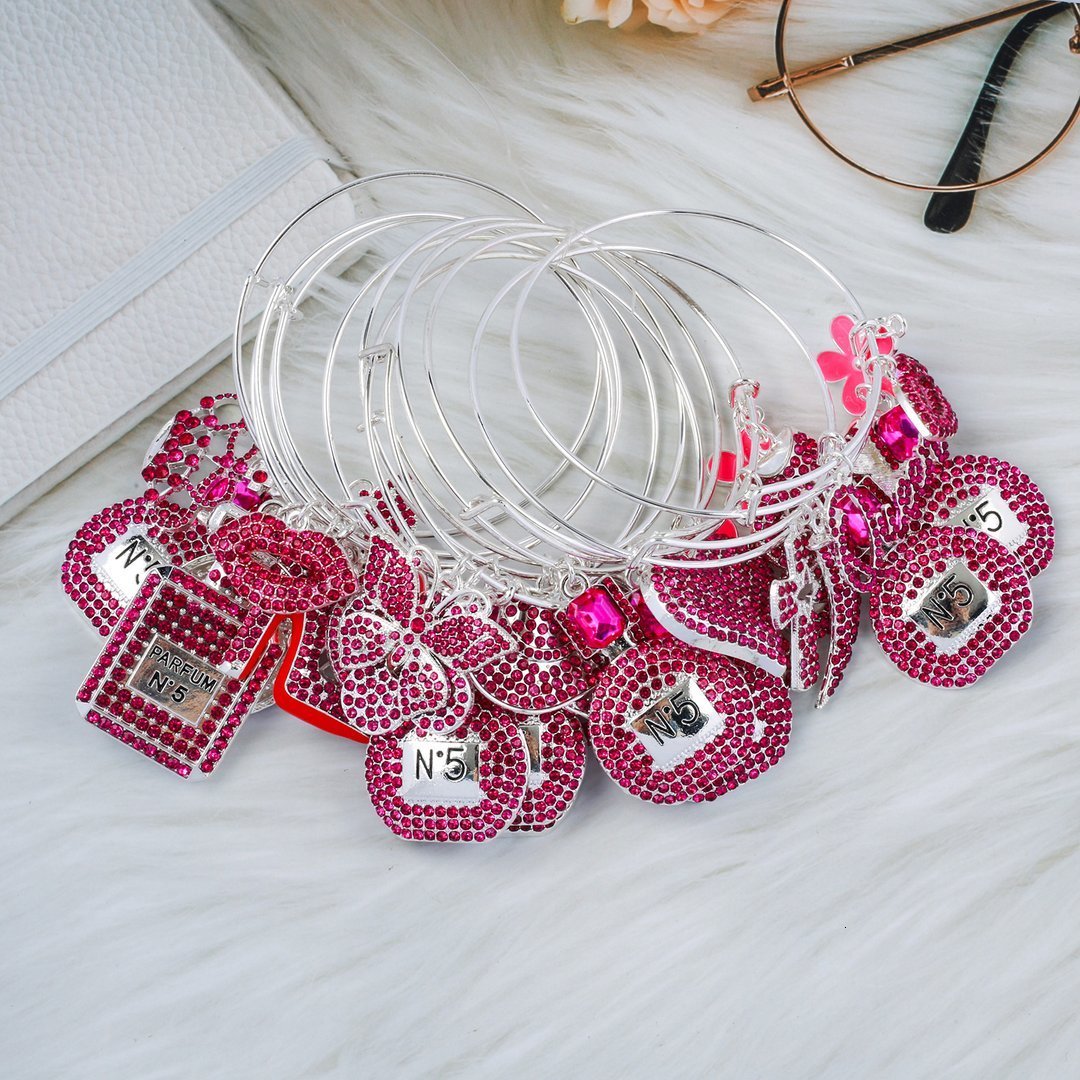 Charm Bracelets 10pcs mixed 65mm Alloy Bangle with Rhinestone Charms on Sale 230508