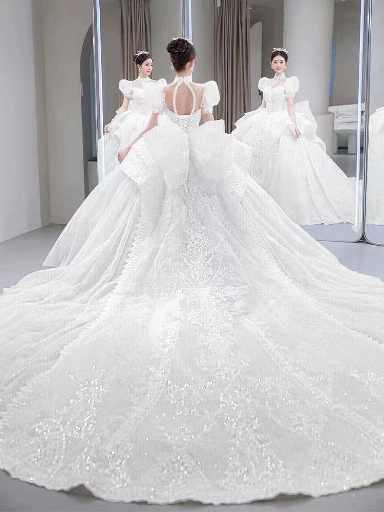 Dubai With Long Crystal Pearls Puffy Ball Gowns Robe De Mariee Wedding Dresses urious Lace Appliques Bridal Gown Custom Made