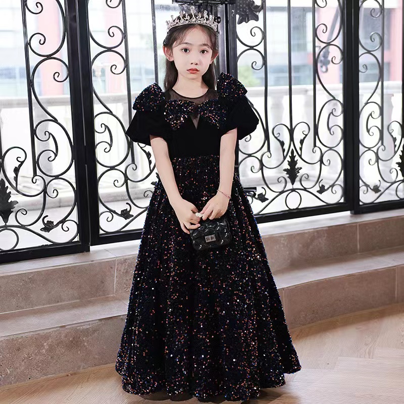 Long Little Girls Pageant Dress Black Sequined Mother And Flower Girl Dresses For Teens Formal Holy Communion Gown Princess Party Gowns With Bow 403