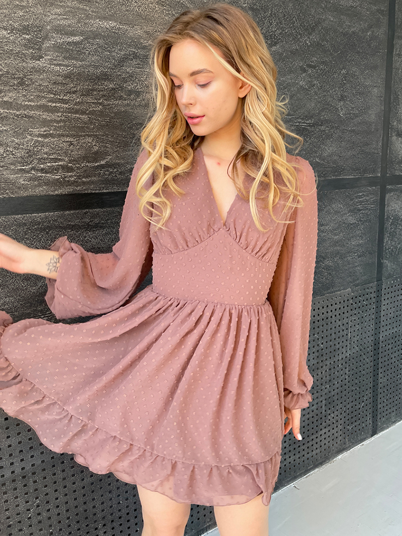 Casual Dresses Capucines Swiss Dot Ruffles Deep V Neck Summer Dress Women Solid Color Lantern Sleeve French Robe A Line Mini Chiffon Dresses 230509