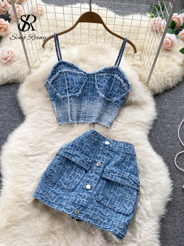 Two Piece Dress SINGREINY Women Summer Sexy Denim Set Strapless Sling Zipper n Tops Short Button Mini Skirt Jeans Suits 230509