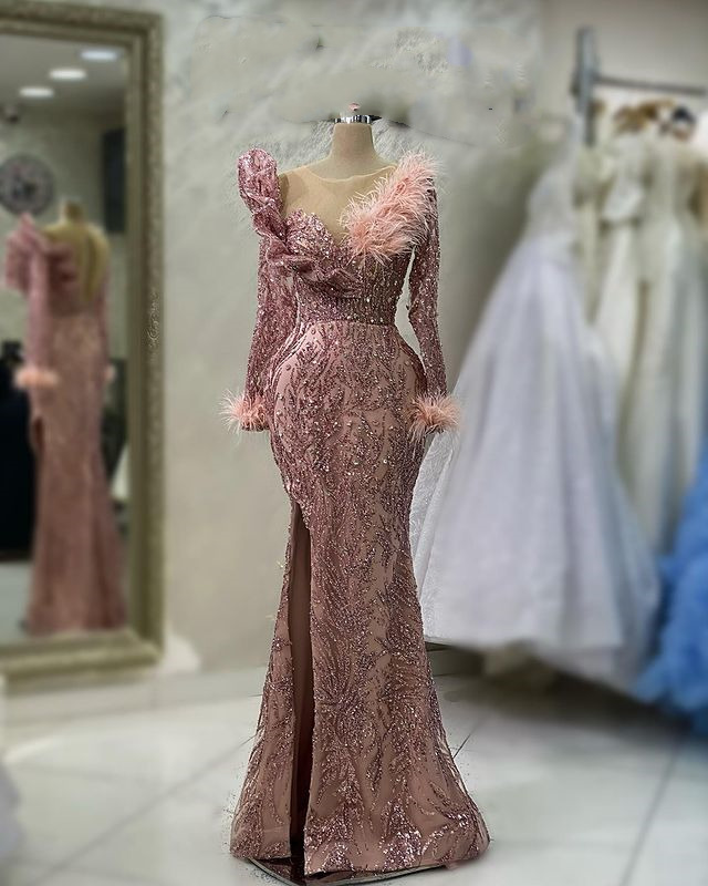 Aso Ebi 2023 Arabic Pink Mermaid Prom Dress Feather Crystals Evening Formal Party Second Reception Birthday Engagement Gowns Dresses Robe De Soiree Sh
