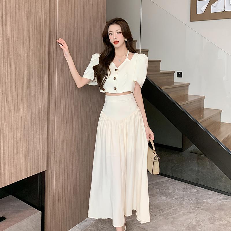 Work Dresses Small Fragrant French Halter Puff Sleeve Single Breasted Shirt High Waist Midi Length Skirt Two Piece Set Women Outfit
