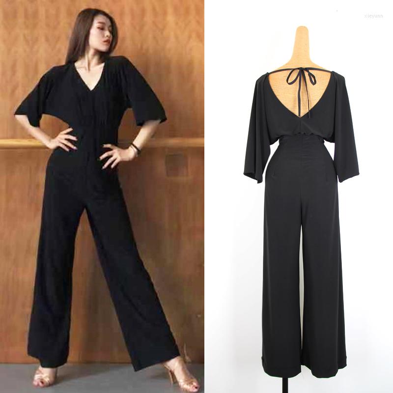 

Stage Wear Latin Dance Dress Adults Black Loose Wide Legged Jumpsuit Ladies Rumba Tango Salsa Samba Cha Ballroom Practice DN4072, Picture shown