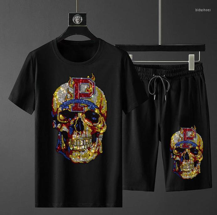 Men' Tracksuits -4XL Fashion Rhinestone Anime Heavy Industry Streetwear Skulls Tracksuit Tshirt Men Short Sleeves Men' Suit, As picture shown 
Men' Tracksuits -4XL Fashion Rhinestone Anime Heavy Industry Streetwear Skulls Tracksuit Tshirt Men Short Sleeves Men' Suit, As picture shown