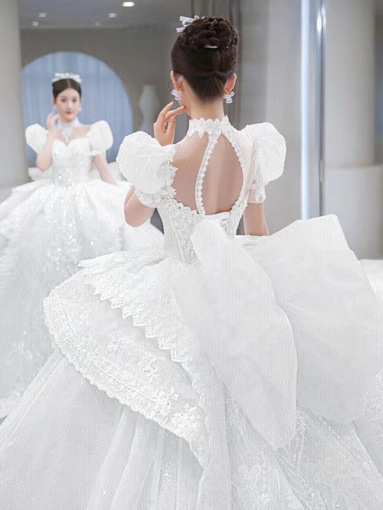 Dubai With Long Crystal Pearls Puffy Ball Gowns Robe De Mariee Wedding Dresses urious Lace Appliques Bridal Gown Custom Made
