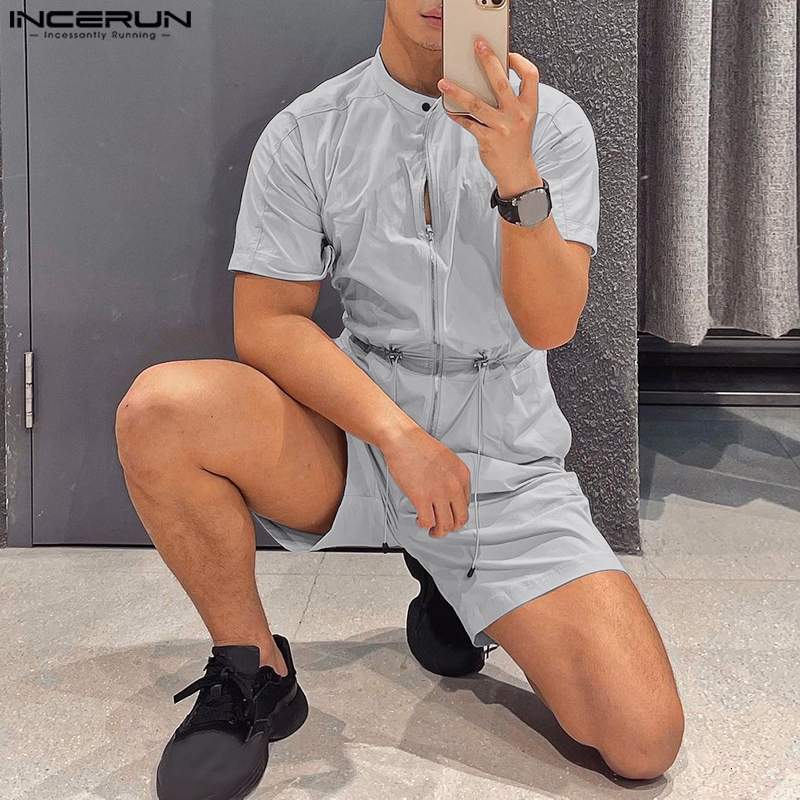 Men's Shorts Fashion Men Rompers Solid Stand Collar Short Sleeve Streetwear Drawstring Zipper Jumpsuits Men Cargo Overalls S-5XL INCERUN 230509