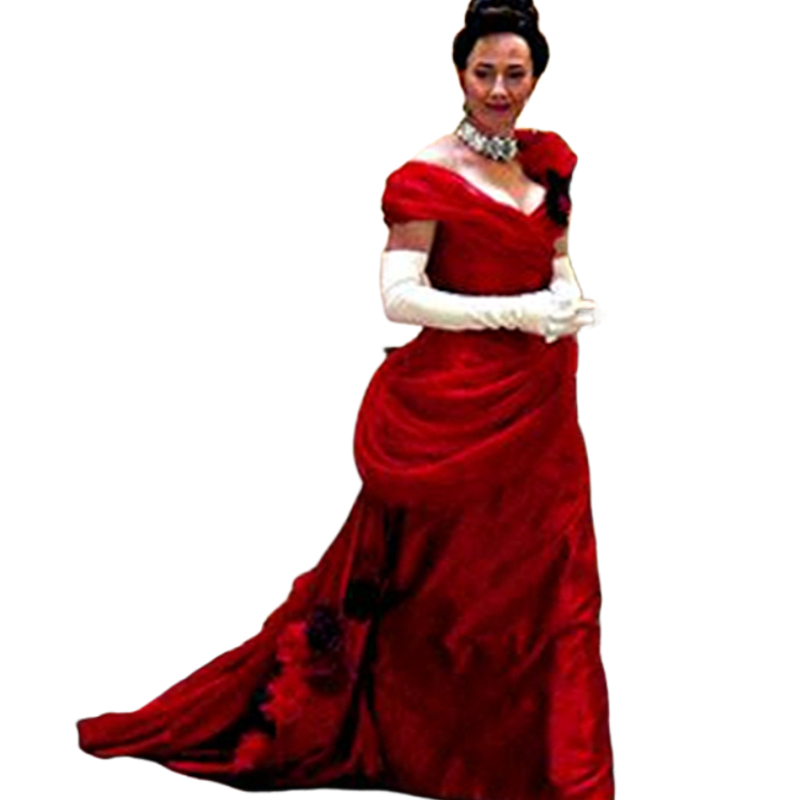 Elegant Red Formal Evening Dresses Ruched Hand Made Flowers Appliques Off Shoulder Long Satin Prom Dress For Women 2023 Vintage Celebrity Party Gowns
