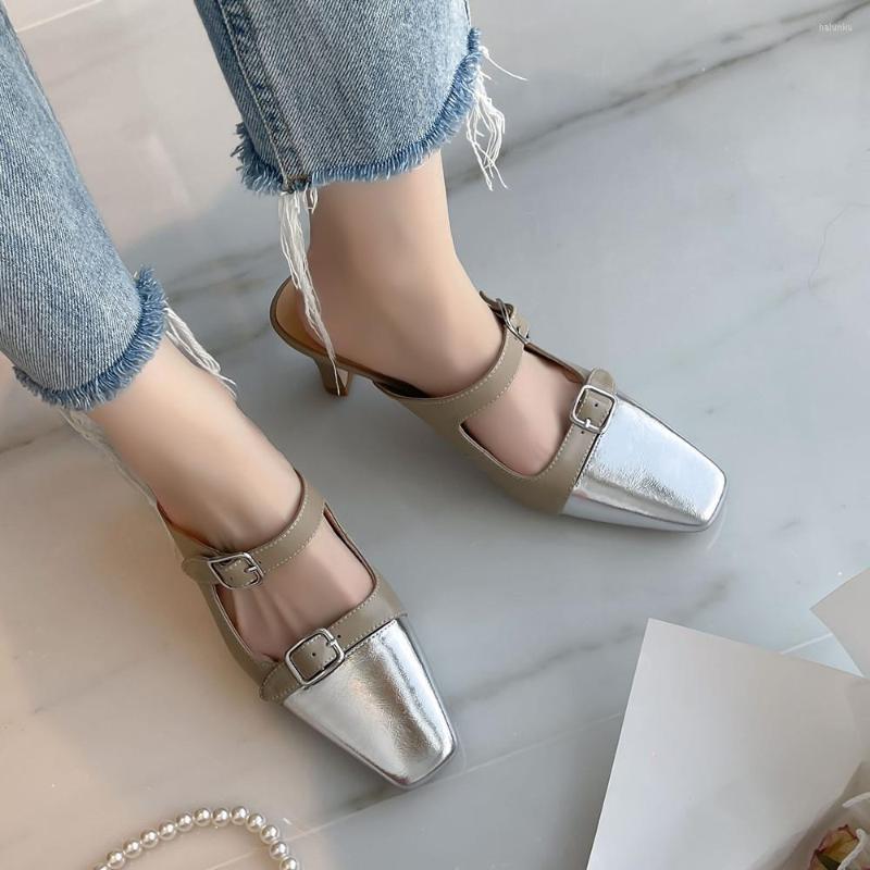 Slippers Women's Low Heel Sandals Genuine Leather Mix Color Patchwork Square Toe Slip-on Summer Slides Double Metal Belt Elegant Mules, Khaki silver
Slippers Women's Low Heel Sandals Genuine Leather Mix Color Patchwork Square Toe Slip-on Summer Slides Double Metal Belt Elegant Mules, Khaki silver