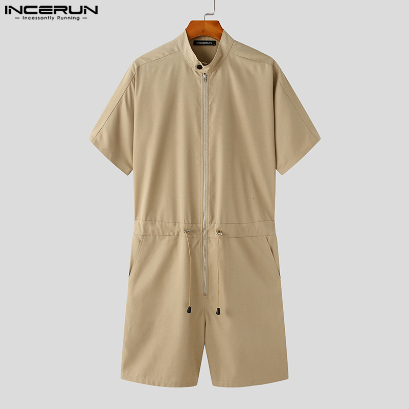 Men's Shorts Fashion Men Rompers Solid Stand Collar Short Sleeve Streetwear Drawstring Zipper Jumpsuits Men Cargo Overalls S-5XL INCERUN 230509