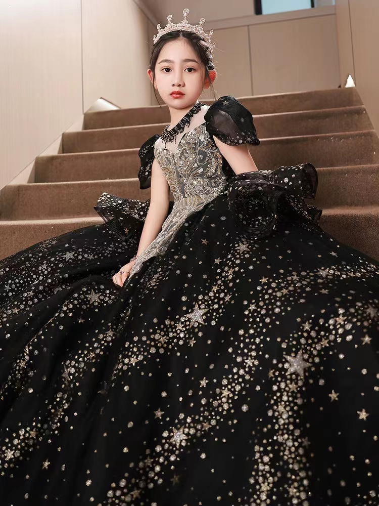 Ball Gown Girls Pageant Dresses Gold Black Crystal Necklace Princess Flower Girl Dress For Wedding Sequined First Holy Communion Toddler Party Gowns 4