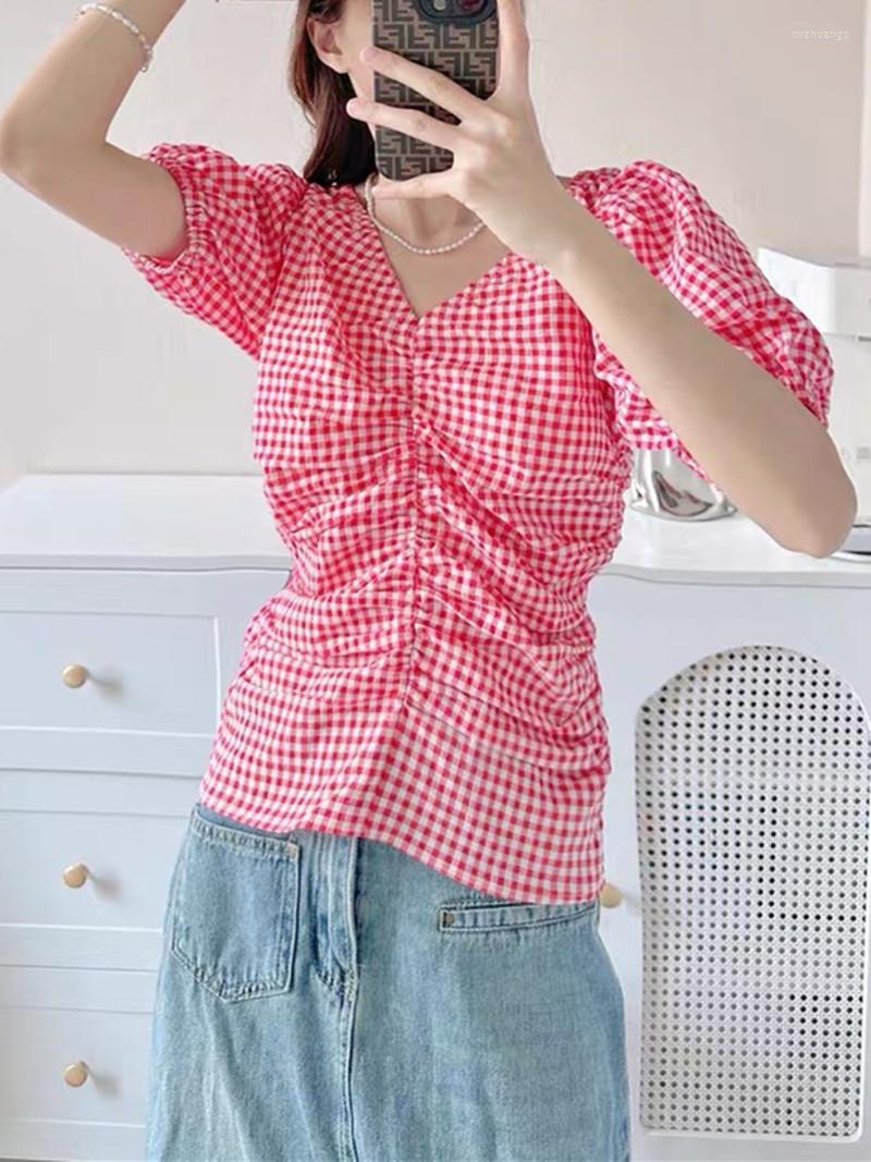 Women's Blouses Summer Fashion Red Plaid Pleated Shirt For Ladies 2023 V-Neck Puff Sleeve Women's Slim Sweet Blouse, Top
Women's Blouses Summer Fashion Red Plaid Pleated Shirt For Ladies 2023 V-Neck Puff Sleeve Women's Slim Sweet Blouse, Top