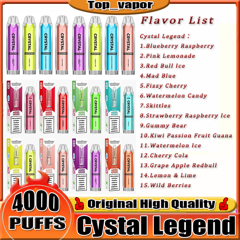 Original crystal Legend 4000 puffs Disposable E cigarettes 1350mAh Battery 2% Capacity 12ml With 4000 Puffs Extra Vape Pen 100% Quality Vapors Wholesale kit
Original crystal Legend 4000 puffs Disposable E cigarettes 1350mAh Battery 2% Capacity 12ml With 4000 Puffs Extra Vape Pen 100% Quality Vapors Wholesale kit