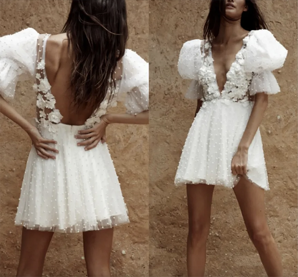 Hot 3D Flowers Appliques Wedding Dress 2023 Half Lantern Sleeve Deep V-Neck Backless Pearls Tulle Bridal Gowns Vestido de Novia Robe Mariee
