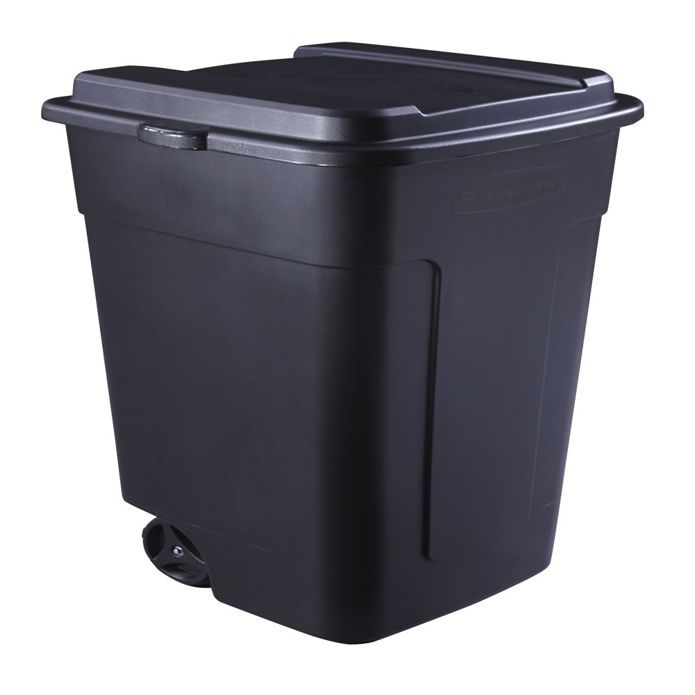 Rubbermaid 50 gal Roughneck Wheeled Plastic Garage Trash Can, Black 
Rubbermaid 50 gal Roughneck Wheeled Plastic Garage Trash Can, Black