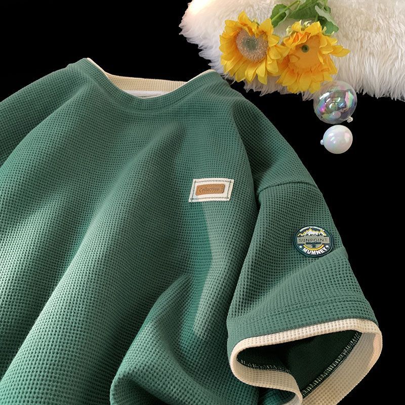 Men's T-Shirts Waffle short sleeved t-shirt men summer retro sports t shirt loose chic top graphic t shirts men clothing harajuku 230510