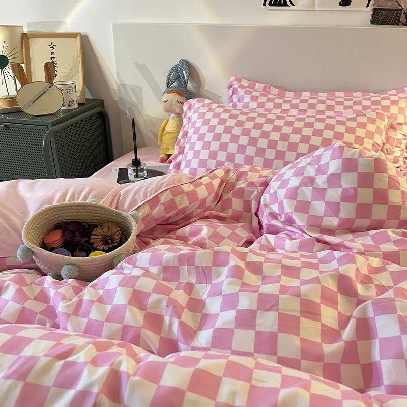 Bedding sets Nordic Pink Black Checkerboard Duvet Cover Sets With Pillow Case Bed Sheet Kids Girls King Queen Twin Kawaii 230510