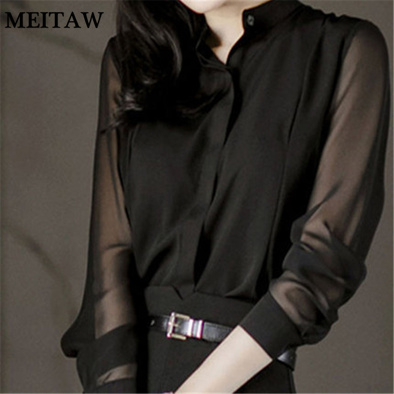 Women's Blouses Shirt Mesh Patchwork Chiffon Blouse Spring Sexy See Through OL Tops Casual Black Long Sleeve Slim Office s 230510