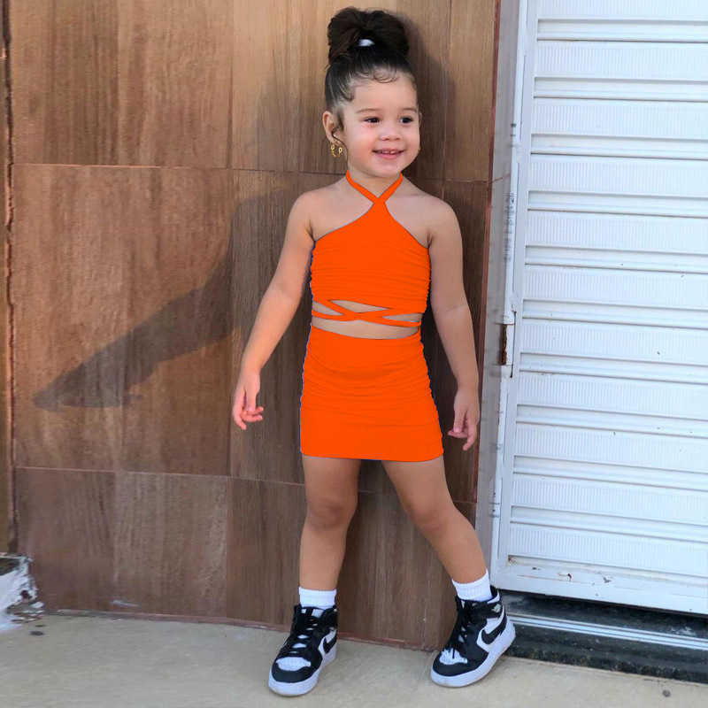Clothing Sets 2023 Summer Kids Clothes 2 piece Criss Cross Halter Crop Tops+Skirts Suits Bandage Neon Green Skirts For Girls 1-8Y Y23
