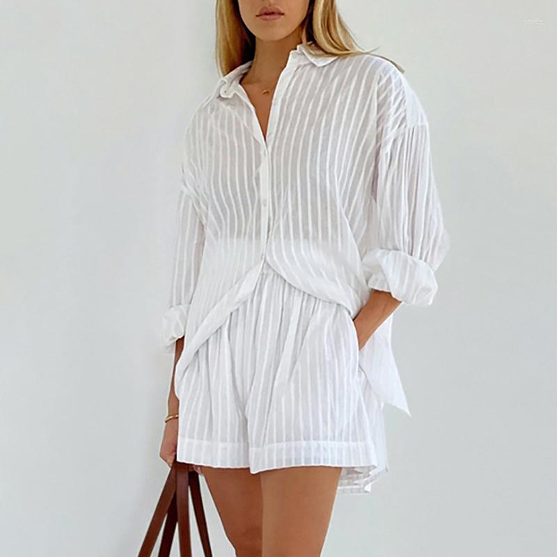 Women' Swimwear Women Summer Dress 2023 Cover Up For The Beach French Stripe Hubble Bubble Long Sleeve Loose High Waist Shorts Leisure Suit, White