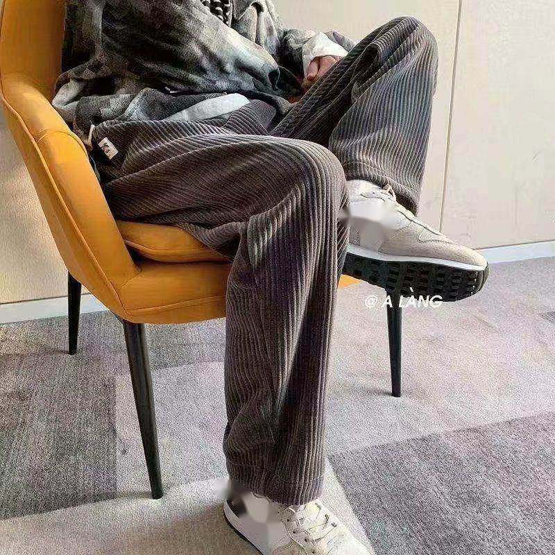 Men's Pants Summer Thin Men's Casual Tie Straight Leg Pants Corduroy Monochrome Oversized Men's Warm Korean Street Pants Streetwear Men