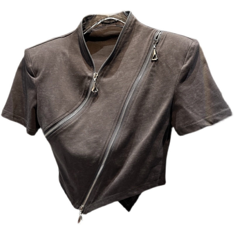Women's TShirt PREPOMP 2023 Summer Collection Short Sleeve Stand Collar Multi Zippers Shoulder Pads Irregular T Shirt Women Slim Top GH518 230510