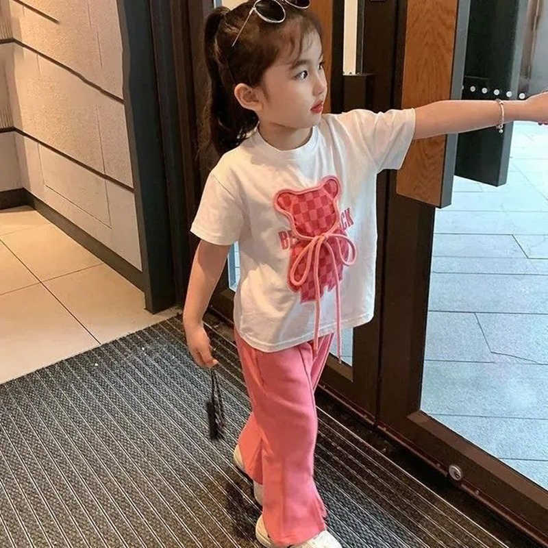 Clothing Sets 2025 Newest Summer Teens Clothes Set New Sport Bear Print Cotton Crop Top T Shirt + Wide Long Pant Suit Korea Child Tracksuit Y250424