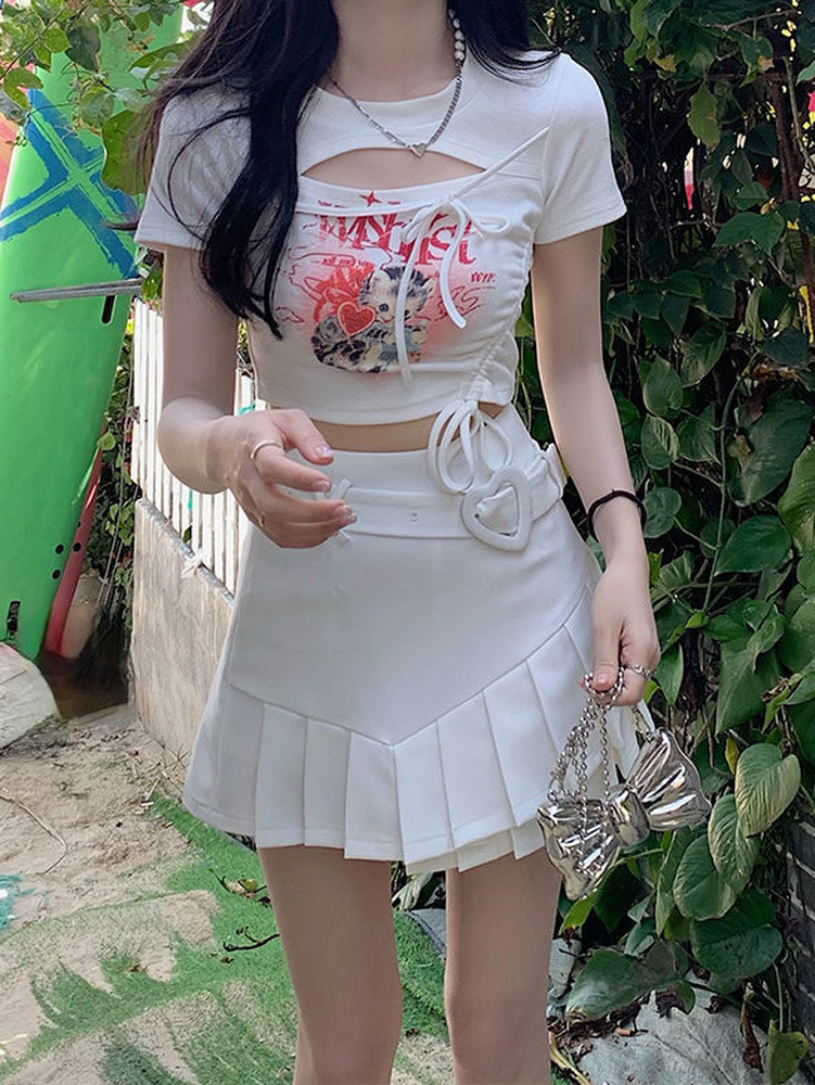 Women's T Shirt Deeptown wanita Crop Top berongga Kawaii kucing cetak kaus lengan pendek Streetwear y2k Egirl grafis Musim Panas 230510